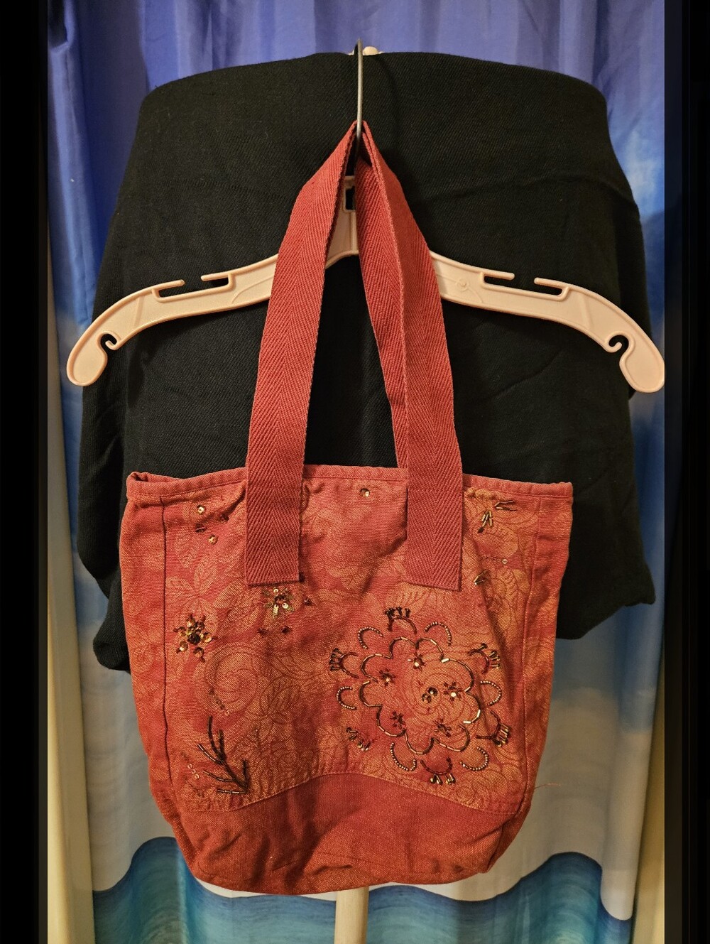 Embroidered Burnt Red Tote Bag with Floral Accents